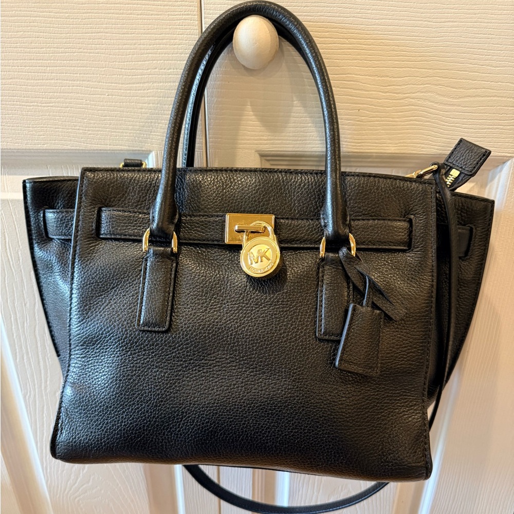Michael Kors Black Hamilton Traveler Satchel with Gold Accents